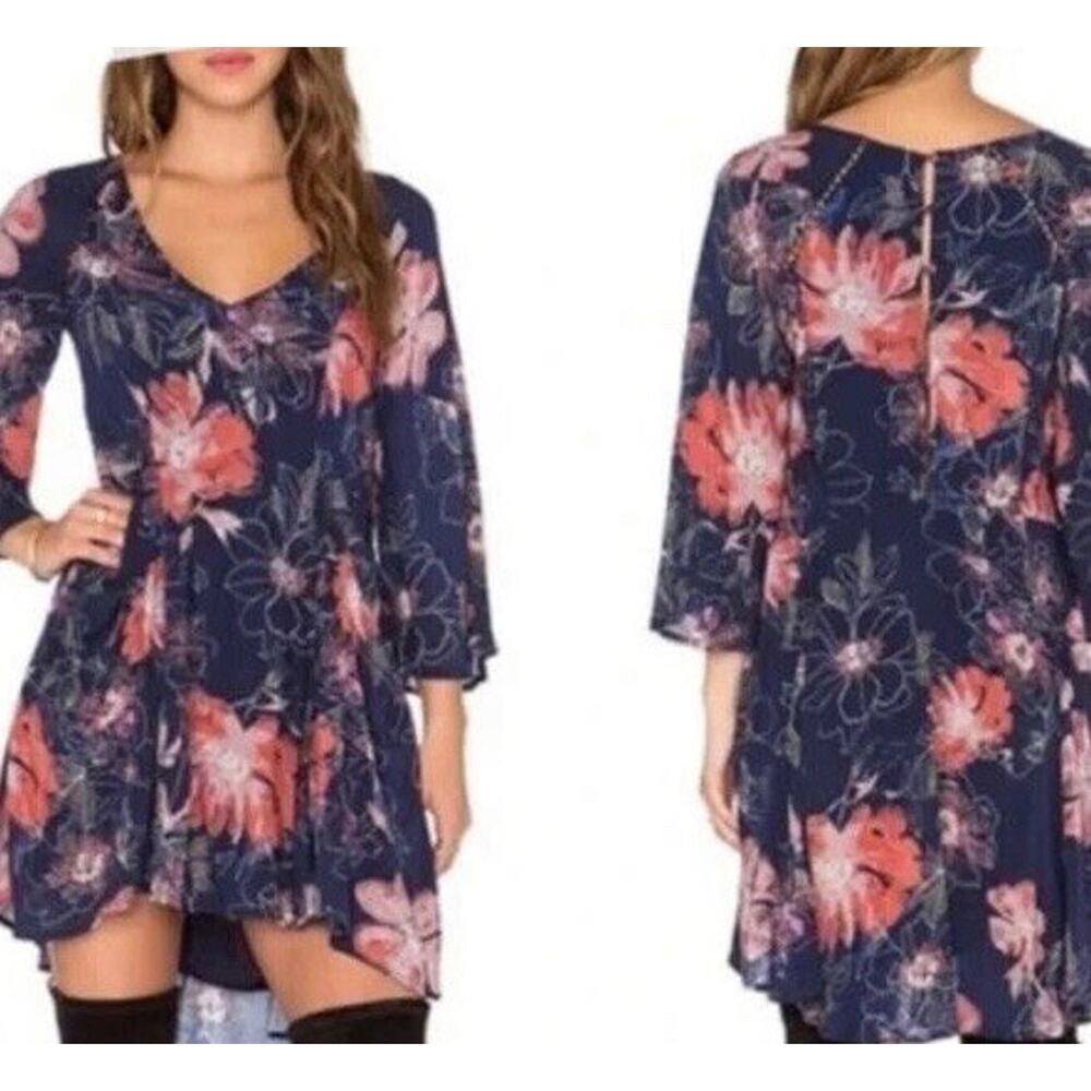 Free People All Eyes On You Floral Mini Dress Women 4 L/S Blue Red Hi Lo Boho